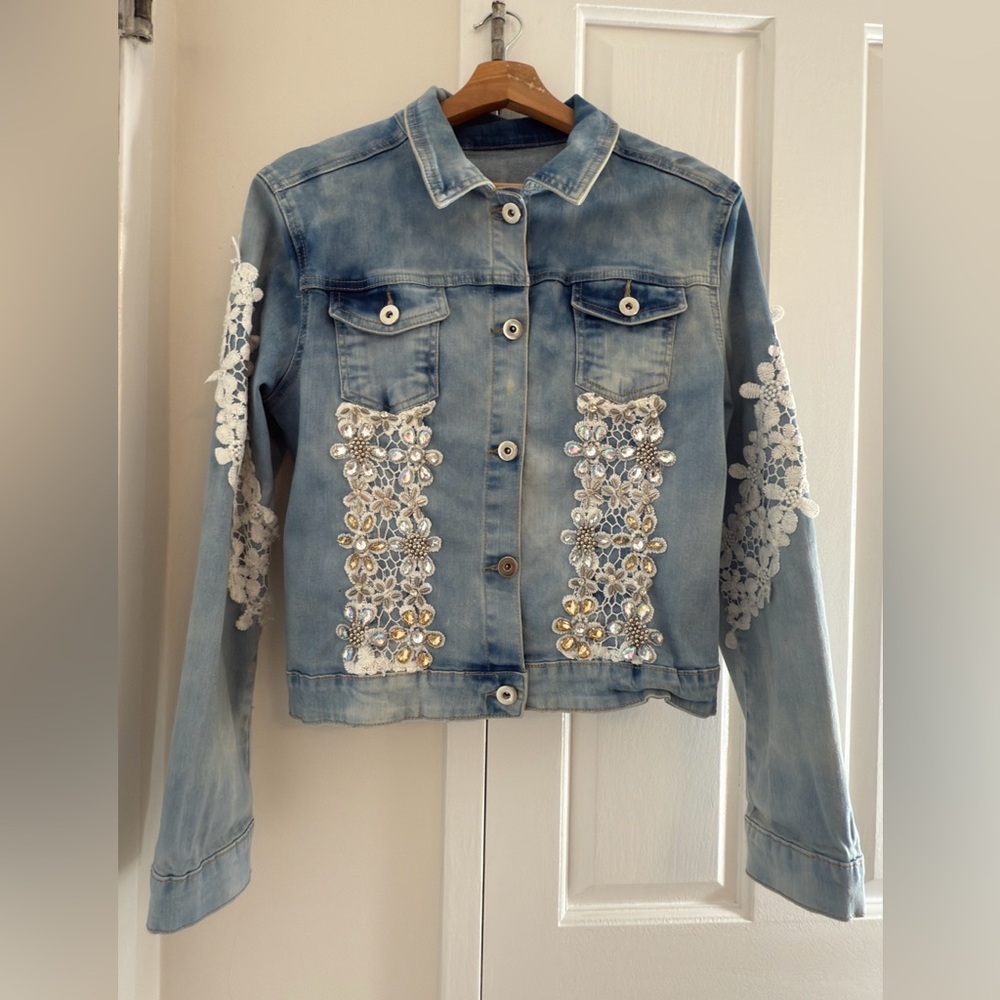 Embellished Denim Jacket with Lace Accents